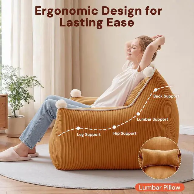Alt view image 5 of 7 - Korser Bean Bag Chair for Adults and Teens, Bean Bag Couch Cozy with Foam Filler, Corduroy Comfy Beanbag Chair with Back Support, Lounge Floor Sofa for Living Room, Reading, Bedroom, Orange