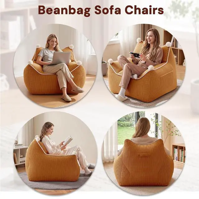 Alt view image 6 of 7 - Korser Bean Bag Chair for Adults and Teens, Bean Bag Couch Cozy with Foam Filler, Corduroy Comfy Beanbag Chair with Back Support, Lounge Floor Sofa for Living Room, Reading, Bedroom, Orange