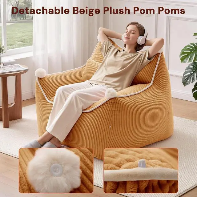 Alt view image 4 of 7 - Korser Bean Bag Chair for Adults and Teens, Bean Bag Couch Cozy with Foam Filler, Corduroy Comfy Beanbag Chair with Back Support, Lounge Floor Sofa for Living Room, Reading, Bedroom, Orange