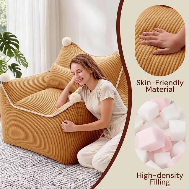 Alt view image 7 of 7 - Korser Bean Bag Chair for Adults and Teens, Bean Bag Couch Cozy with Foam Filler, Corduroy Comfy Beanbag Chair with Back Support, Lounge Floor Sofa for Living Room, Reading, Bedroom, Orange
