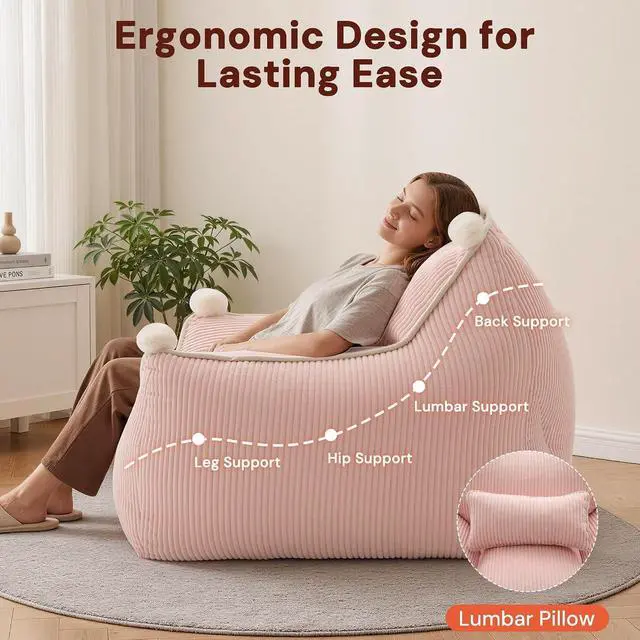 Alt view image 5 of 7 - Korser Bean Bag Chair for Adults and Teens, Giant Bean Bag Couch Cozy with Foam Filler, Large Corduroy Comfy Beanbag Chair with Back Support, Lounge Floor Sofa for Living Room, Reading, Bedroom, Pink