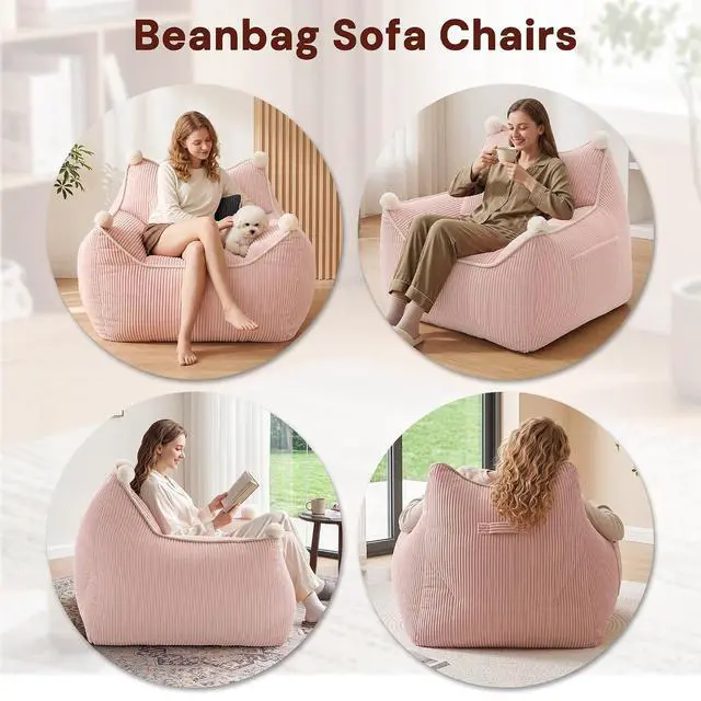 Alt view image 6 of 7 - Korser Bean Bag Chair for Adults and Teens, Giant Bean Bag Couch Cozy with Foam Filler, Large Corduroy Comfy Beanbag Chair with Back Support, Lounge Floor Sofa for Living Room, Reading, Bedroom, Pink