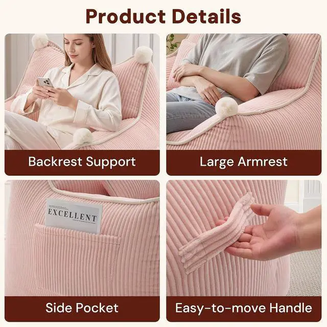 Alt view image 3 of 7 - Korser Bean Bag Chair for Adults and Teens, Giant Bean Bag Couch Cozy with Foam Filler, Large Corduroy Comfy Beanbag Chair with Back Support, Lounge Floor Sofa for Living Room, Reading, Bedroom, Pink