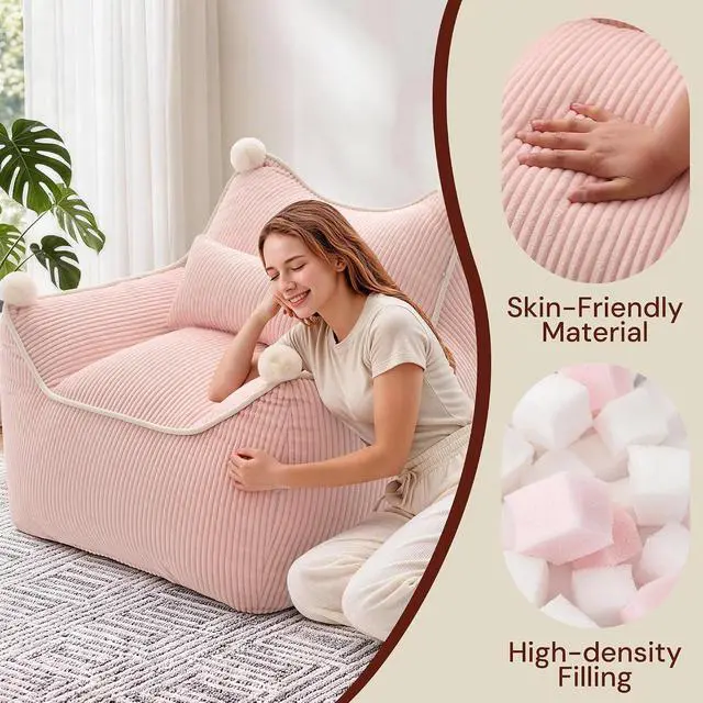 Alt view image 7 of 7 - Korser Bean Bag Chair for Adults and Teens, Giant Bean Bag Couch Cozy with Foam Filler, Large Corduroy Comfy Beanbag Chair with Back Support, Lounge Floor Sofa for Living Room, Reading, Bedroom, Pink