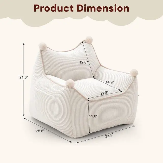 Alt view image 2 of 7 - Korser Bean Bag Chair for Adults and Teens, Small Bean Bag Couch Cozy with Foam Filler, Corduroy Comfy Beanbag Chair with Back Support, Lounge Floor Sofa for Living Room, Reading, Bedroom, Beige