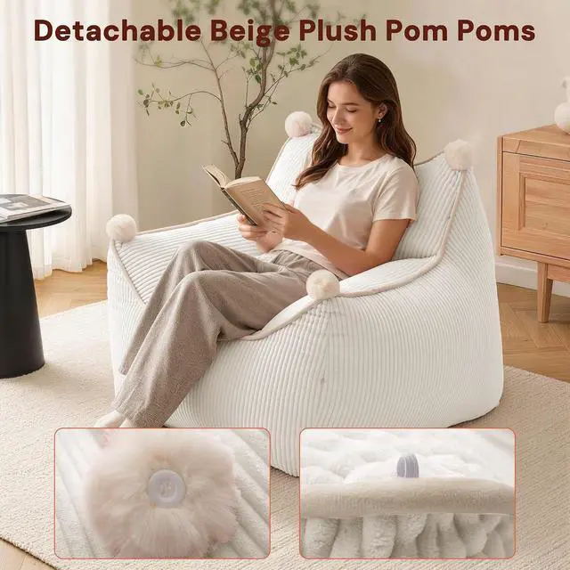 Alt view image 3 of 7 - Korser Bean Bag Chair for Adults and Teens, Small Bean Bag Couch Cozy with Foam Filler, Corduroy Comfy Beanbag Chair with Back Support, Lounge Floor Sofa for Living Room, Reading, Bedroom, Beige