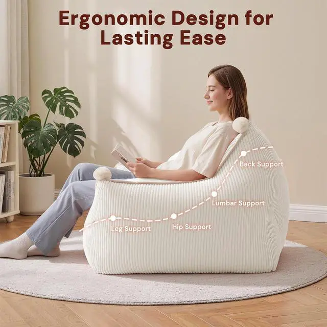 Alt view image 4 of 7 - Korser Bean Bag Chair for Adults and Teens, Small Bean Bag Couch Cozy with Foam Filler, Corduroy Comfy Beanbag Chair with Back Support, Lounge Floor Sofa for Living Room, Reading, Bedroom, Beige