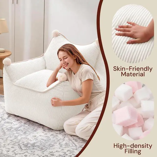 Alt view image 6 of 7 - Korser Bean Bag Chair for Adults and Teens, Small Bean Bag Couch Cozy with Foam Filler, Corduroy Comfy Beanbag Chair with Back Support, Lounge Floor Sofa for Living Room, Reading, Bedroom, Beige