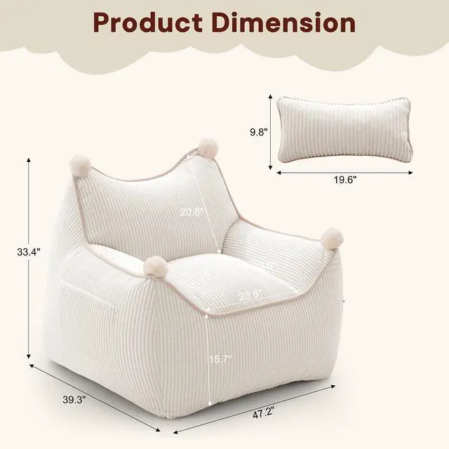 Alt view image 2 of 7 - Korser Bean Bag Chair for Adults and Teens, Giant Bean Bag Couch Cozy with Foam Filler, Large Corduroy Comfy Beanbag Chair with Back Support, Lounge Floor Sofa for Living Room, Reading, Bedroom, Beige