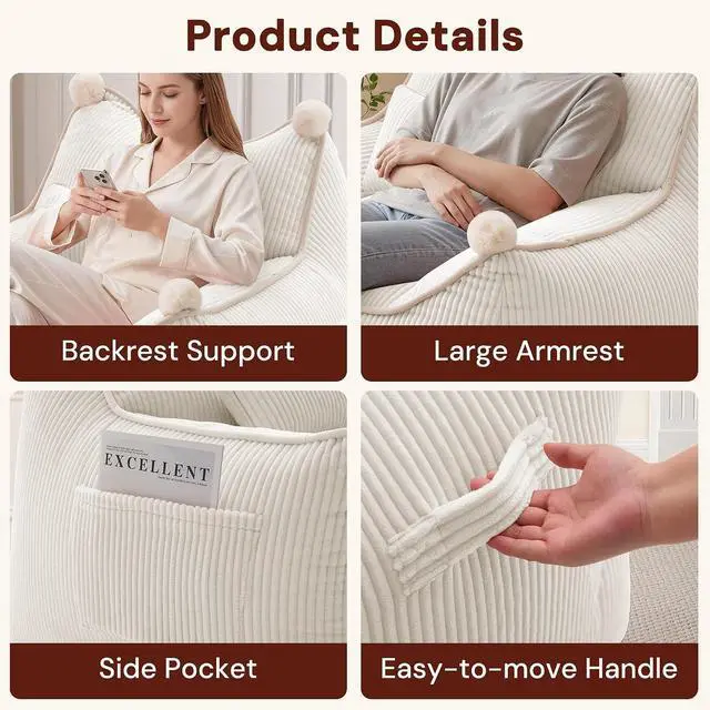 Alt view image 3 of 7 - Korser Bean Bag Chair for Adults and Teens, Giant Bean Bag Couch Cozy with Foam Filler, Large Corduroy Comfy Beanbag Chair with Back Support, Lounge Floor Sofa for Living Room, Reading, Bedroom, Beige