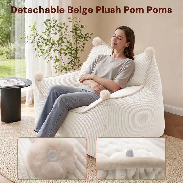 Alt view image 4 of 7 - Korser Bean Bag Chair for Adults and Teens, Giant Bean Bag Couch Cozy with Foam Filler, Large Corduroy Comfy Beanbag Chair with Back Support, Lounge Floor Sofa for Living Room, Reading, Bedroom, Beige