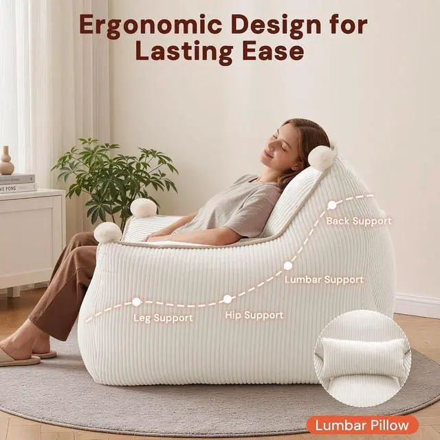 Alt view image 5 of 7 - Korser Bean Bag Chair for Adults and Teens, Giant Bean Bag Couch Cozy with Foam Filler, Large Corduroy Comfy Beanbag Chair with Back Support, Lounge Floor Sofa for Living Room, Reading, Bedroom, Beige