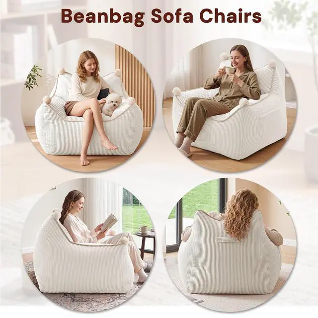 Alt view image 6 of 7 - Korser Bean Bag Chair for Adults and Teens, Giant Bean Bag Couch Cozy with Foam Filler, Large Corduroy Comfy Beanbag Chair with Back Support, Lounge Floor Sofa for Living Room, Reading, Bedroom, Beige
