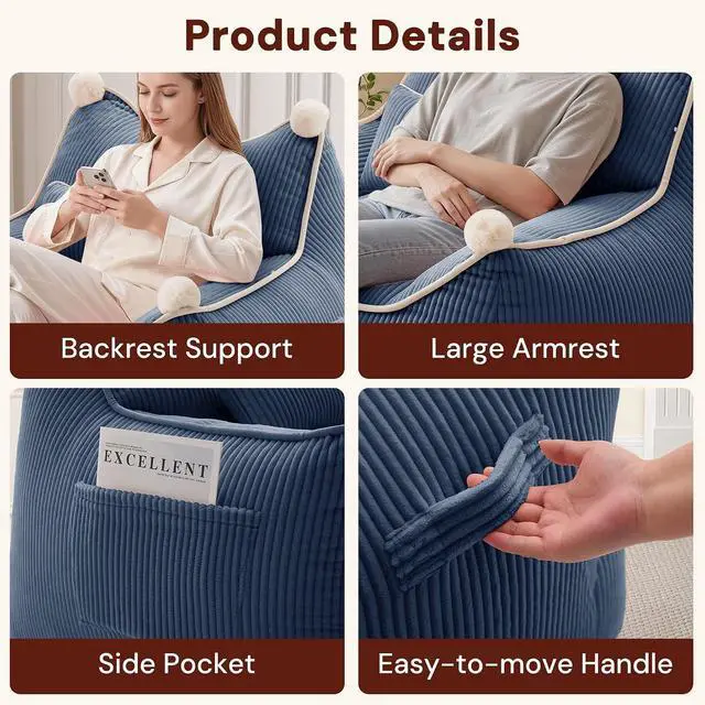 Alt view image 3 of 7 - Korser Bean Bag Chair for Adults and Teens, Giant Bean Bag Couch Cozy with Foam Filler, Large Corduroy Comfy Beanbag Chair with Back Support, Lounge Floor Sofa for Living Room, Reading, Bedroom, Blue