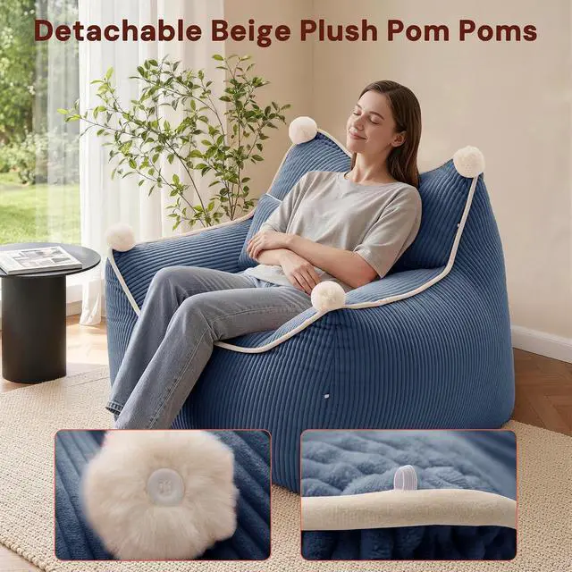 Alt view image 4 of 7 - Korser Bean Bag Chair for Adults and Teens, Giant Bean Bag Couch Cozy with Foam Filler, Large Corduroy Comfy Beanbag Chair with Back Support, Lounge Floor Sofa for Living Room, Reading, Bedroom, Blue