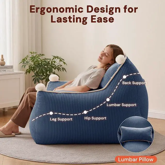Alt view image 5 of 7 - Korser Bean Bag Chair for Adults and Teens, Giant Bean Bag Couch Cozy with Foam Filler, Large Corduroy Comfy Beanbag Chair with Back Support, Lounge Floor Sofa for Living Room, Reading, Bedroom, Blue