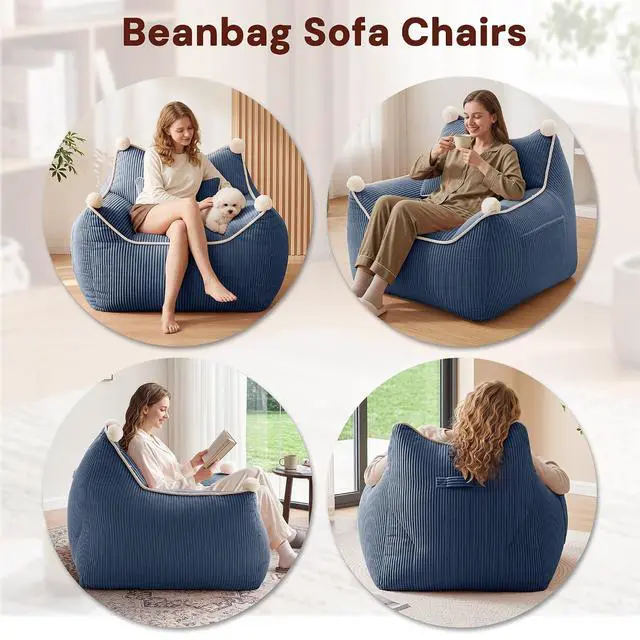Alt view image 6 of 7 - Korser Bean Bag Chair for Adults and Teens, Giant Bean Bag Couch Cozy with Foam Filler, Large Corduroy Comfy Beanbag Chair with Back Support, Lounge Floor Sofa for Living Room, Reading, Bedroom, Blue