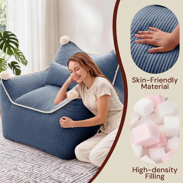 Alt view image 7 of 7 - Korser Bean Bag Chair for Adults and Teens, Giant Bean Bag Couch Cozy with Foam Filler, Large Corduroy Comfy Beanbag Chair with Back Support, Lounge Floor Sofa for Living Room, Reading, Bedroom, Blue