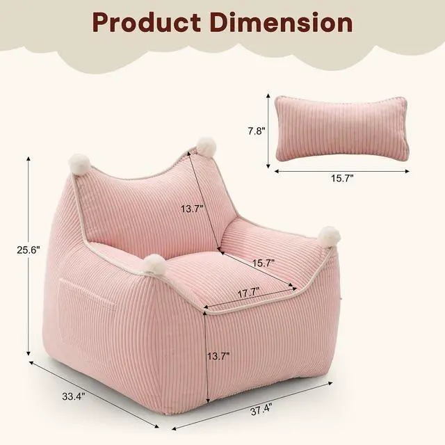 Alt view image 2 of 7 - Korser Bean Bag Chair for Adults and Teens, Bean Bag Couch Cozy with Foam Filler, Corduroy Comfy Beanbag Chair with Back Support, Lounge Floor Sofa for Living Room, Reading, Bedroom, Pink