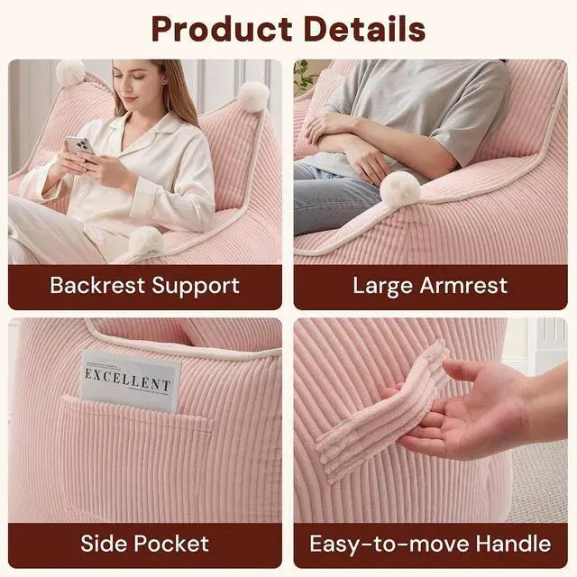 Alt view image 3 of 7 - Korser Bean Bag Chair for Adults and Teens, Bean Bag Couch Cozy with Foam Filler, Corduroy Comfy Beanbag Chair with Back Support, Lounge Floor Sofa for Living Room, Reading, Bedroom, Pink