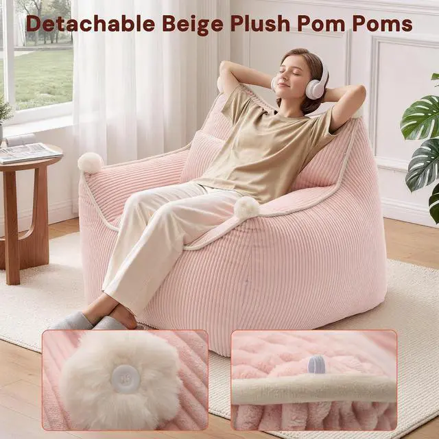 Alt view image 4 of 7 - Korser Bean Bag Chair for Adults and Teens, Bean Bag Couch Cozy with Foam Filler, Corduroy Comfy Beanbag Chair with Back Support, Lounge Floor Sofa for Living Room, Reading, Bedroom, Pink