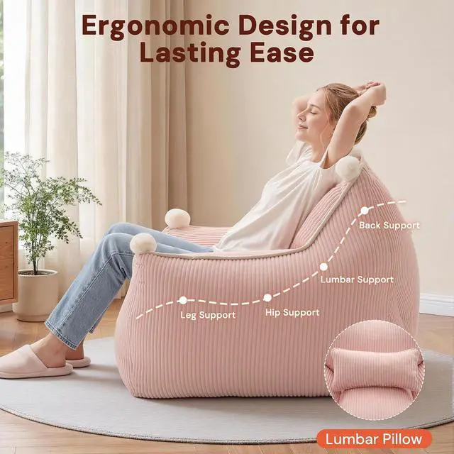 Alt view image 5 of 7 - Korser Bean Bag Chair for Adults and Teens, Bean Bag Couch Cozy with Foam Filler, Corduroy Comfy Beanbag Chair with Back Support, Lounge Floor Sofa for Living Room, Reading, Bedroom, Pink