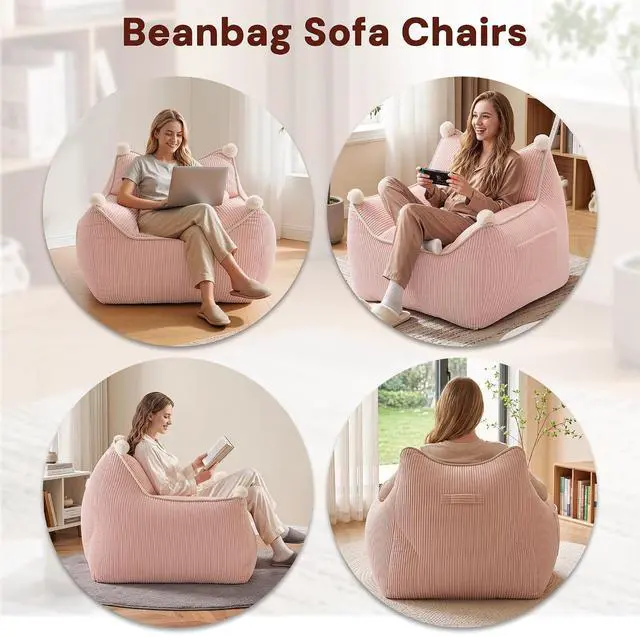 Alt view image 6 of 7 - Korser Bean Bag Chair for Adults and Teens, Bean Bag Couch Cozy with Foam Filler, Corduroy Comfy Beanbag Chair with Back Support, Lounge Floor Sofa for Living Room, Reading, Bedroom, Pink