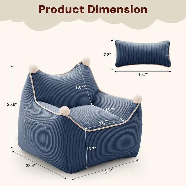 Alt view image 2 of 7 - Korser Bean Bag Chair for Adults and Teens, Bean Bag Couch Cozy with Foam Filler, Corduroy Comfy Beanbag Chair with Back Support, Lounge Floor Sofa for Living Room, Reading, Bedroom, Blue