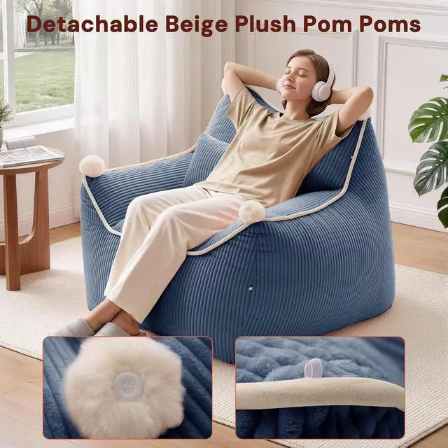 Alt view image 4 of 7 - Korser Bean Bag Chair for Adults and Teens, Bean Bag Couch Cozy with Foam Filler, Corduroy Comfy Beanbag Chair with Back Support, Lounge Floor Sofa for Living Room, Reading, Bedroom, Blue