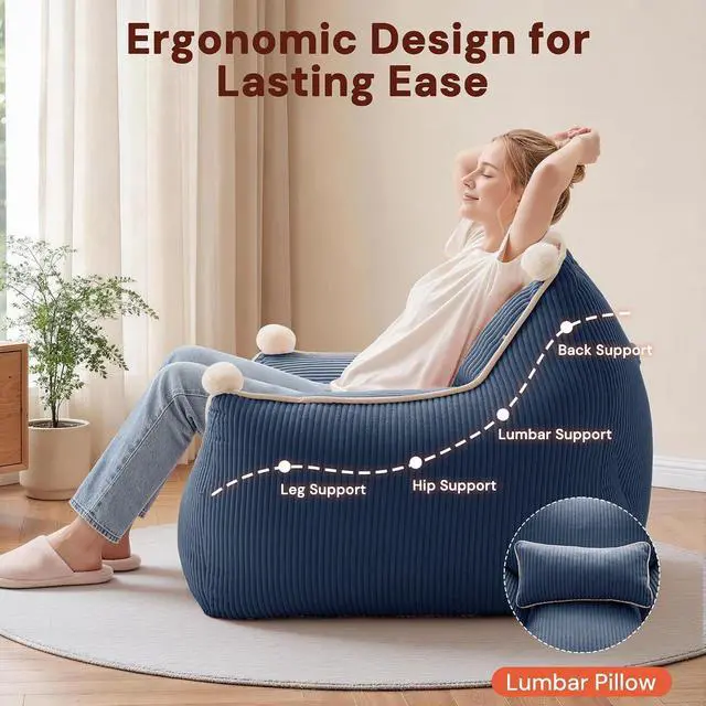 Alt view image 5 of 7 - Korser Bean Bag Chair for Adults and Teens, Bean Bag Couch Cozy with Foam Filler, Corduroy Comfy Beanbag Chair with Back Support, Lounge Floor Sofa for Living Room, Reading, Bedroom, Blue