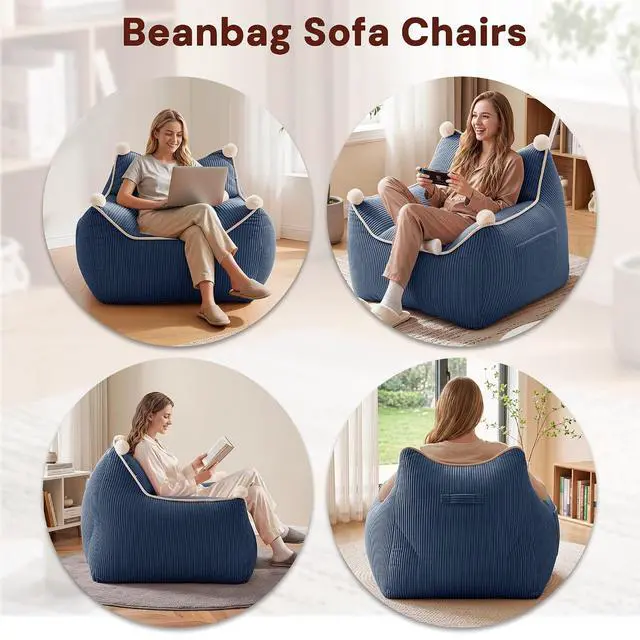 Alt view image 6 of 7 - Korser Bean Bag Chair for Adults and Teens, Bean Bag Couch Cozy with Foam Filler, Corduroy Comfy Beanbag Chair with Back Support, Lounge Floor Sofa for Living Room, Reading, Bedroom, Blue