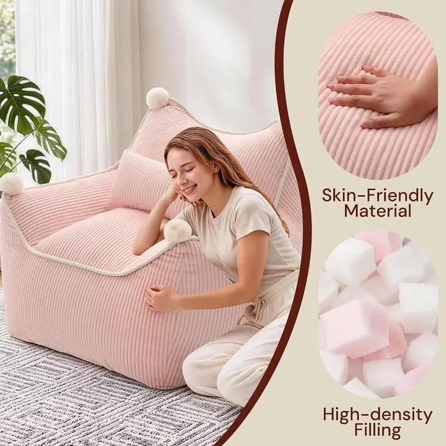 Alt view image 7 of 7 - Korser Bean Bag Chair for Adults and Teens, Bean Bag Couch Cozy with Foam Filler, Corduroy Comfy Beanbag Chair with Back Support, Lounge Floor Sofa for Living Room, Reading, Bedroom, Pink