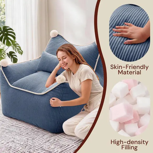 Alt view image 7 of 7 - Korser Bean Bag Chair for Adults and Teens, Bean Bag Couch Cozy with Foam Filler, Corduroy Comfy Beanbag Chair with Back Support, Lounge Floor Sofa for Living Room, Reading, Bedroom, Blue