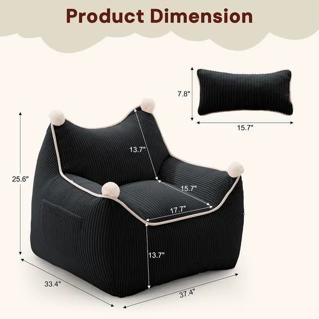 Alt view image 2 of 7 - Korser Bean Bag Chair for Adults and Teens, Bean Bag Couch Cozy with Foam Filler, Corduroy Comfy Beanbag Chair with Back Support, Lounge Floor Sofa for Living Room, Reading, Bedroom, Black