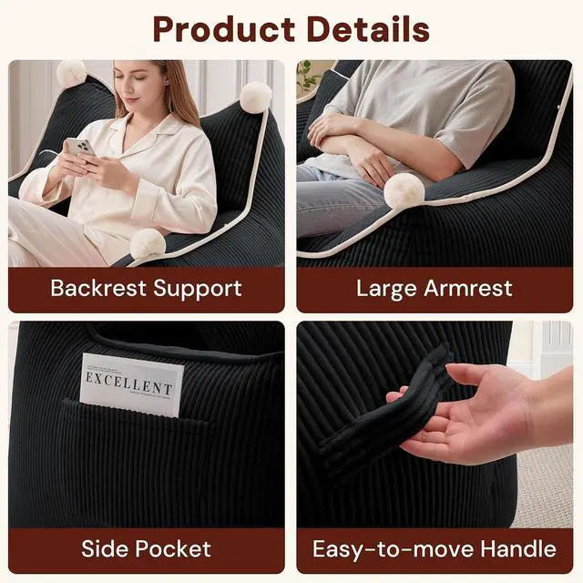 Alt view image 3 of 7 - Korser Bean Bag Chair for Adults and Teens, Bean Bag Couch Cozy with Foam Filler, Corduroy Comfy Beanbag Chair with Back Support, Lounge Floor Sofa for Living Room, Reading, Bedroom, Black