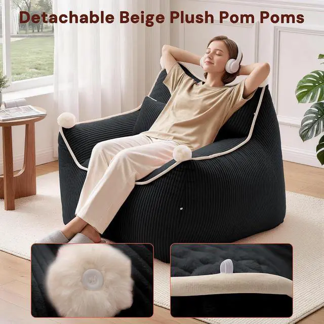 Alt view image 4 of 7 - Korser Bean Bag Chair for Adults and Teens, Bean Bag Couch Cozy with Foam Filler, Corduroy Comfy Beanbag Chair with Back Support, Lounge Floor Sofa for Living Room, Reading, Bedroom, Black