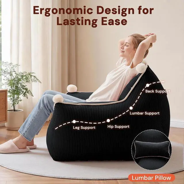 Alt view image 5 of 7 - Korser Bean Bag Chair for Adults and Teens, Bean Bag Couch Cozy with Foam Filler, Corduroy Comfy Beanbag Chair with Back Support, Lounge Floor Sofa for Living Room, Reading, Bedroom, Black