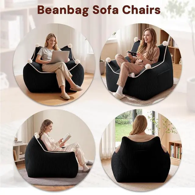 Alt view image 6 of 7 - Korser Bean Bag Chair for Adults and Teens, Bean Bag Couch Cozy with Foam Filler, Corduroy Comfy Beanbag Chair with Back Support, Lounge Floor Sofa for Living Room, Reading, Bedroom, Black