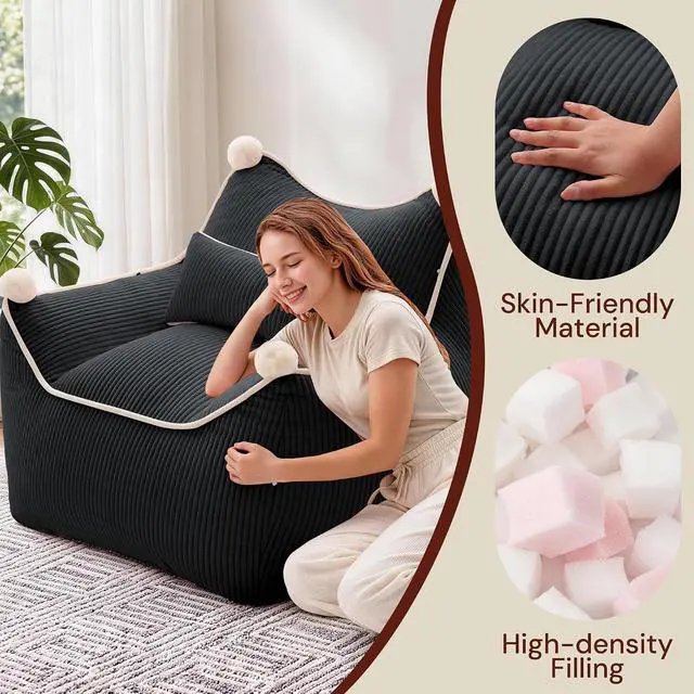 Alt view image 7 of 7 - Korser Bean Bag Chair for Adults and Teens, Bean Bag Couch Cozy with Foam Filler, Corduroy Comfy Beanbag Chair with Back Support, Lounge Floor Sofa for Living Room, Reading, Bedroom, Black