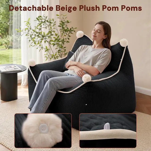 Alt view image 4 of 7 - Korser Bean Bag Chair for Adults and Teens, Giant Bean Bag Couch Cozy with Foam Filler, Large Corduroy Comfy Beanbag Chair with Back Support, Lounge Floor Sofa for Living Room, Reading, Bedroom, Black