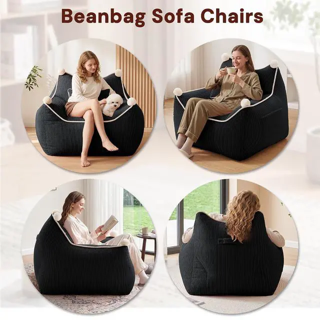 Alt view image 6 of 7 - Korser Bean Bag Chair for Adults and Teens, Giant Bean Bag Couch Cozy with Foam Filler, Large Corduroy Comfy Beanbag Chair with Back Support, Lounge Floor Sofa for Living Room, Reading, Bedroom, Black