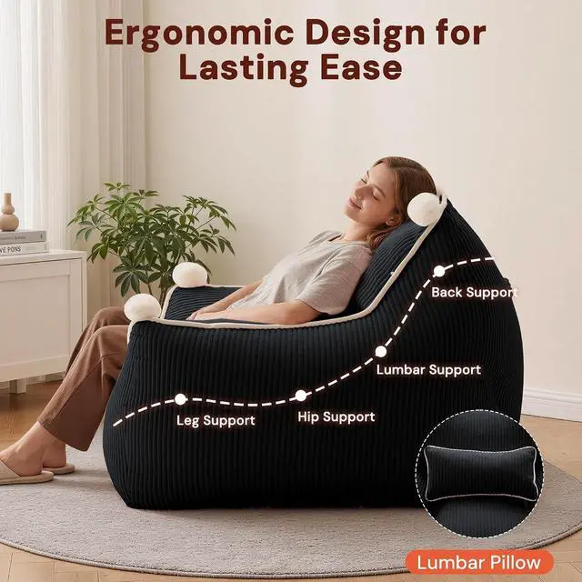 Alt view image 5 of 7 - Korser Bean Bag Chair for Adults and Teens, Giant Bean Bag Couch Cozy with Foam Filler, Large Corduroy Comfy Beanbag Chair with Back Support, Lounge Floor Sofa for Living Room, Reading, Bedroom, Black