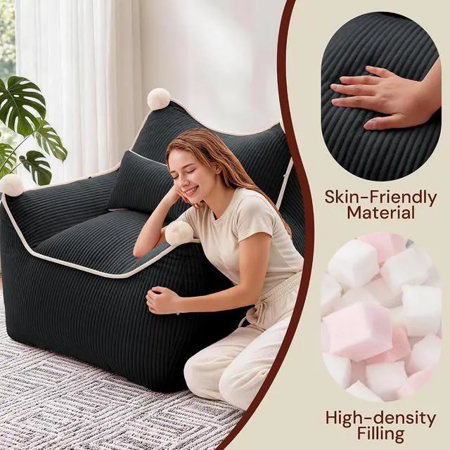 Alt view image 7 of 7 - Korser Bean Bag Chair for Adults and Teens, Giant Bean Bag Couch Cozy with Foam Filler, Large Corduroy Comfy Beanbag Chair with Back Support, Lounge Floor Sofa for Living Room, Reading, Bedroom, Black