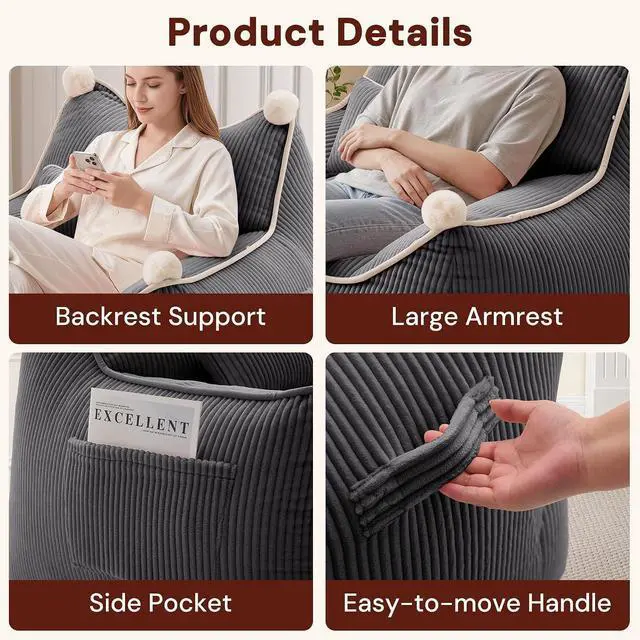 Alt view image 3 of 7 - Korser Bean Bag Chair for Adults and Teens, Giant Bean Bag Couch Cozy with Foam Filler, Large Corduroy Comfy Beanbag Chair with Back Support, Lounge Floor Sofa for Living Room, Reading, Bedroom, Grey