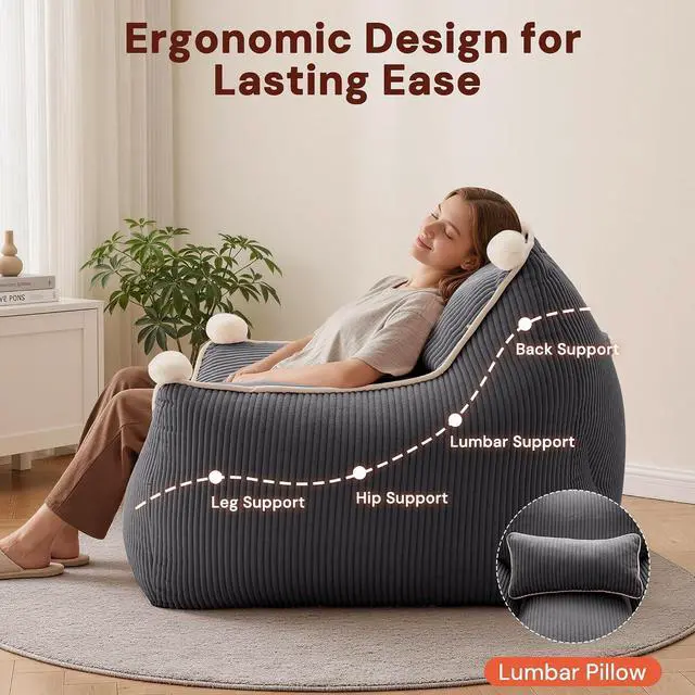 Alt view image 5 of 7 - Korser Bean Bag Chair for Adults and Teens, Giant Bean Bag Couch Cozy with Foam Filler, Large Corduroy Comfy Beanbag Chair with Back Support, Lounge Floor Sofa for Living Room, Reading, Bedroom, Grey