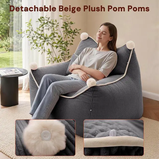 Alt view image 4 of 7 - Korser Bean Bag Chair for Adults and Teens, Giant Bean Bag Couch Cozy with Foam Filler, Large Corduroy Comfy Beanbag Chair with Back Support, Lounge Floor Sofa for Living Room, Reading, Bedroom, Grey
