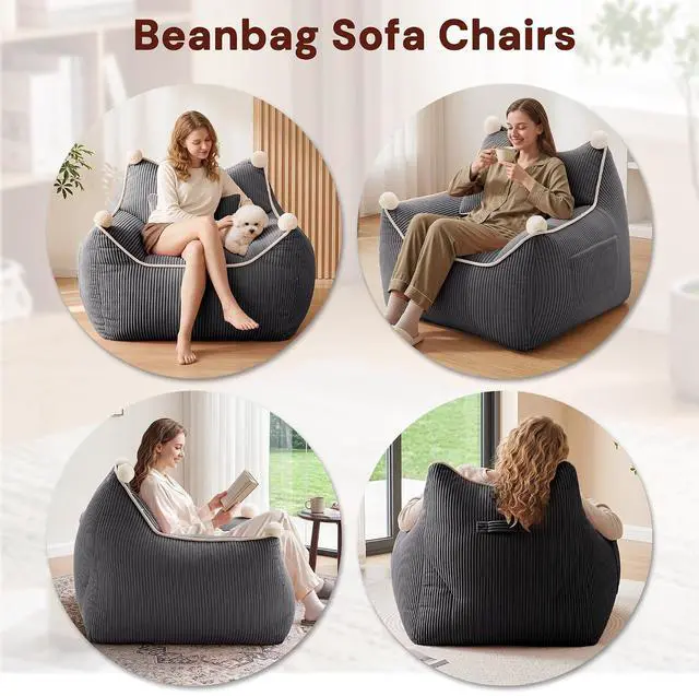 Alt view image 6 of 7 - Korser Bean Bag Chair for Adults and Teens, Giant Bean Bag Couch Cozy with Foam Filler, Large Corduroy Comfy Beanbag Chair with Back Support, Lounge Floor Sofa for Living Room, Reading, Bedroom, Grey