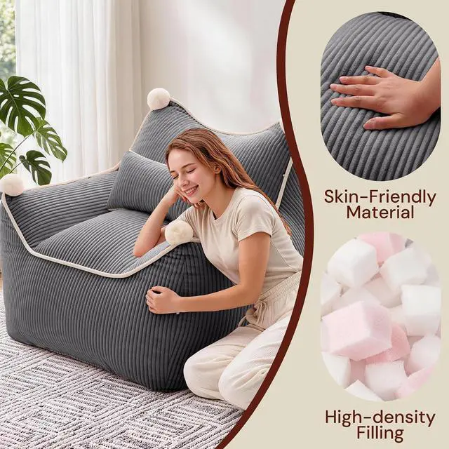 Alt view image 7 of 7 - Korser Bean Bag Chair for Adults and Teens, Giant Bean Bag Couch Cozy with Foam Filler, Large Corduroy Comfy Beanbag Chair with Back Support, Lounge Floor Sofa for Living Room, Reading, Bedroom, Grey