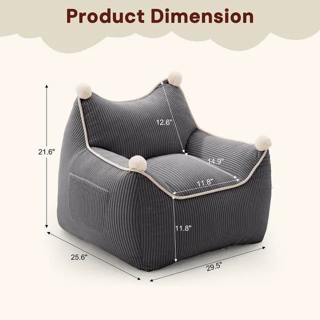 Alt view image 2 of 7 - Korser Bean Bag Chair for Adults and Teens, Small Bean Bag Couch Cozy with Foam Filler, Corduroy Comfy Beanbag Chair with Back Support, Lounge Floor Sofa for Living Room, Reading, Bedroom, Grey