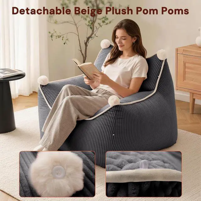 Alt view image 3 of 7 - Korser Bean Bag Chair for Adults and Teens, Small Bean Bag Couch Cozy with Foam Filler, Corduroy Comfy Beanbag Chair with Back Support, Lounge Floor Sofa for Living Room, Reading, Bedroom, Grey